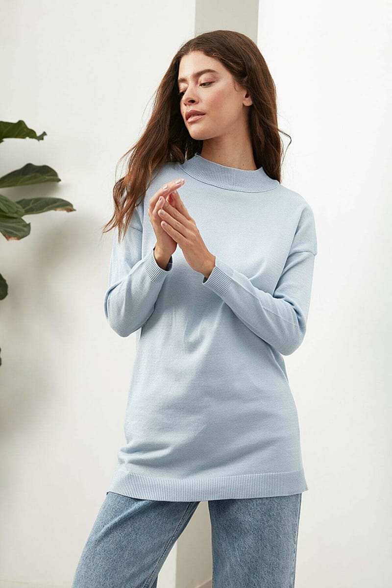 Blue Tunic High Neck Knitted Women's Sweater - Sweaters 17