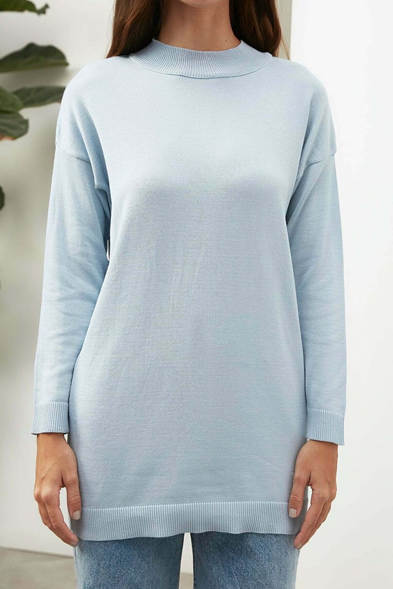 Blue Tunic High Neck Knitted Women's Sweater - Sweaters 18