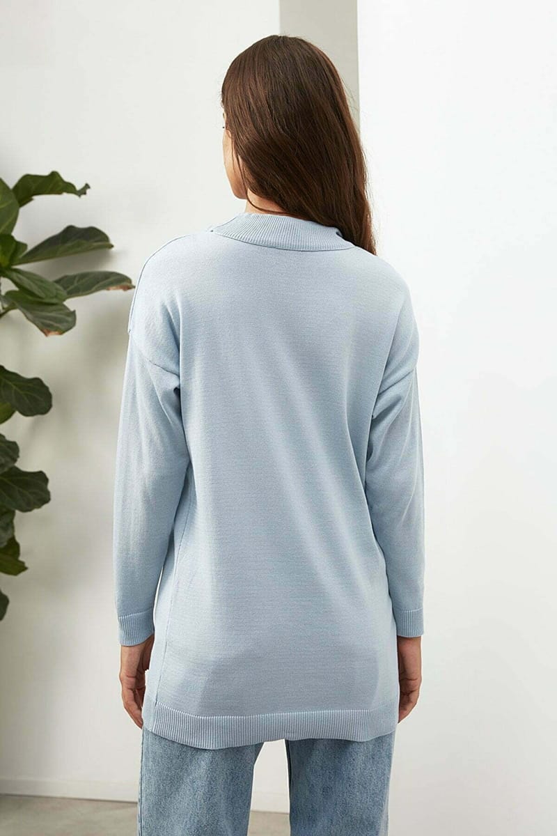 Blue Tunic High Neck Knitted Women's Sweater - Sweaters 19
