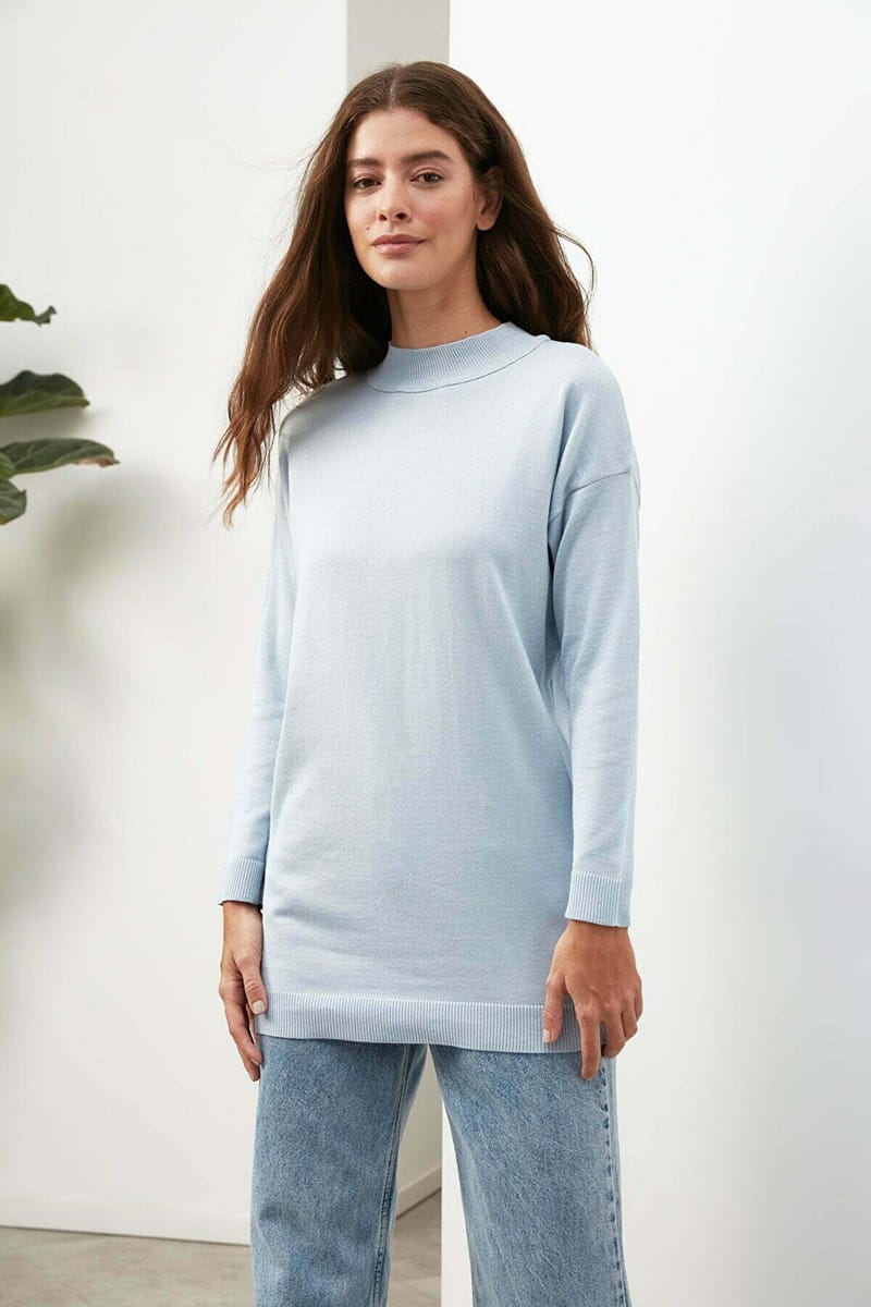 Blue Tunic High Neck Knitted Women's Sweater - Sweaters 15