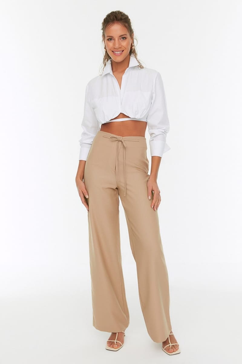 Beige Straight Wide Leg Women's Trouser - Trousers 21