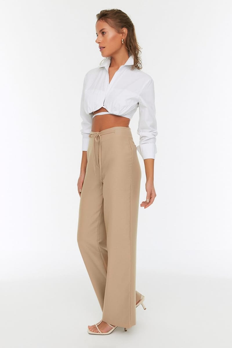 Beige Straight Wide Leg Women's Trouser - Trousers 22
