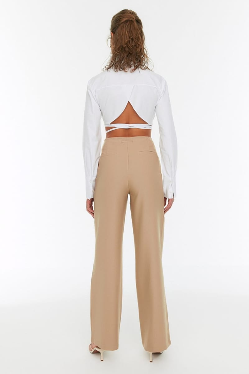 Beige Straight Wide Leg Women's Trouser - Trousers 24