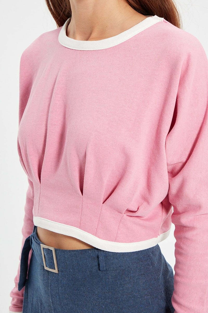 Pink Pleated Crew Neck Knitted Cropped Women's Sweatshirt Pink Pleated Crew Neck Knitted Cropped Women's Sweatshirt - Sweatshirts 22