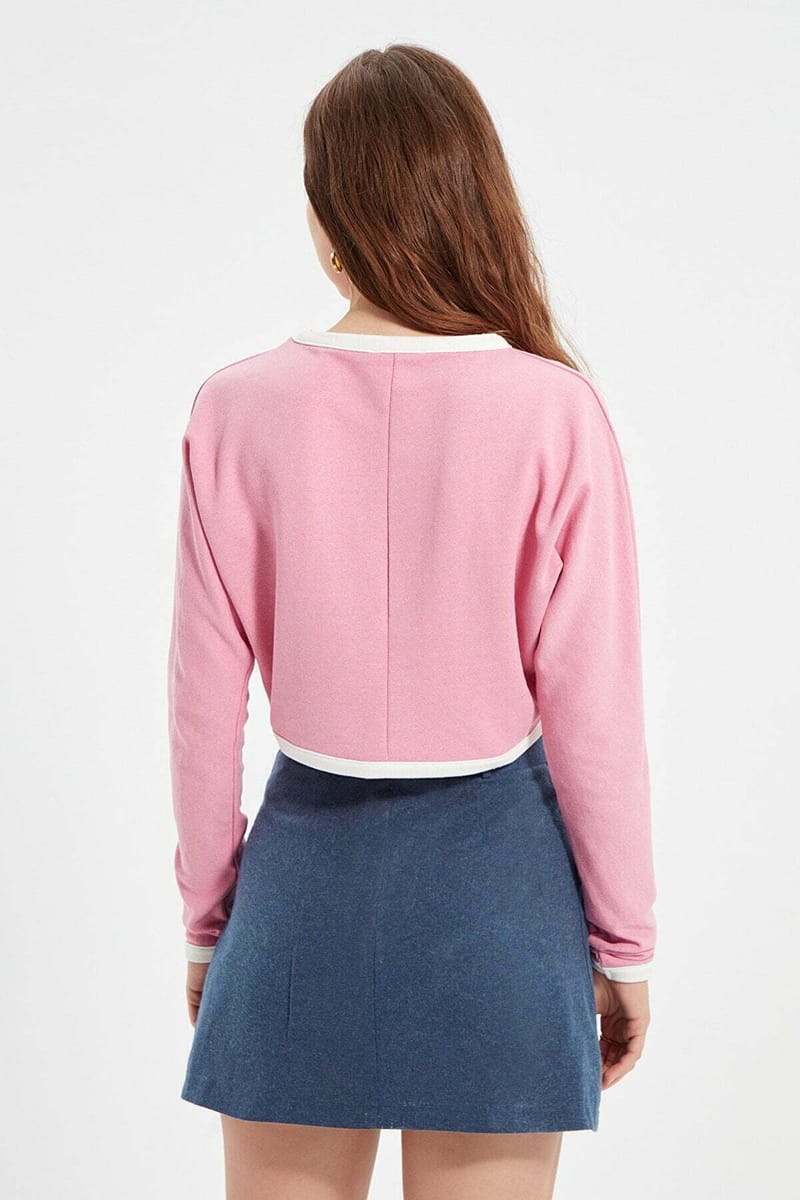 Pink Pleated Crew Neck Knitted Cropped Women's Sweatshirt Pink Pleated Crew Neck Knitted Cropped Women's Sweatshirt - Sweatshirts 23
