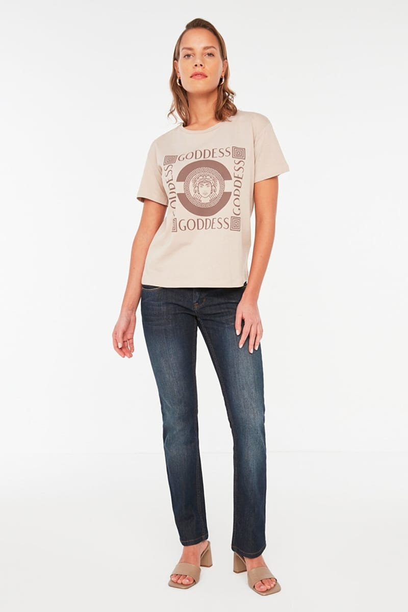 Beige Front Print Crew Neck Graphic Women's T-Shirt - Casual T-Shirt 22