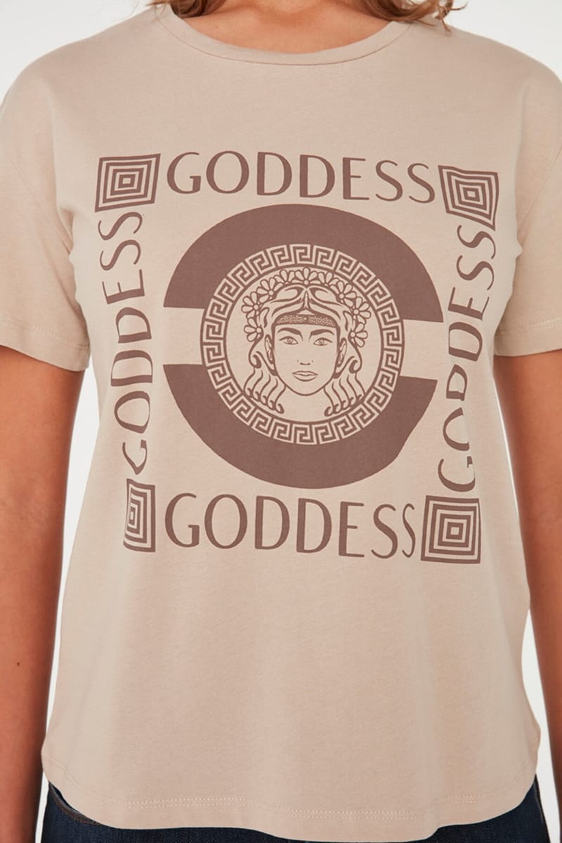 Beige Front Print Crew Neck Graphic Women's T-Shirt - Casual T-Shirt 23