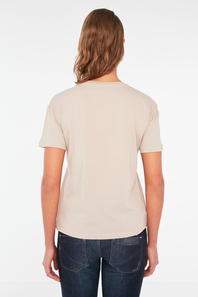 Beige Front Print Crew Neck Graphic Women's T-Shirt - Casual T-Shirt 24