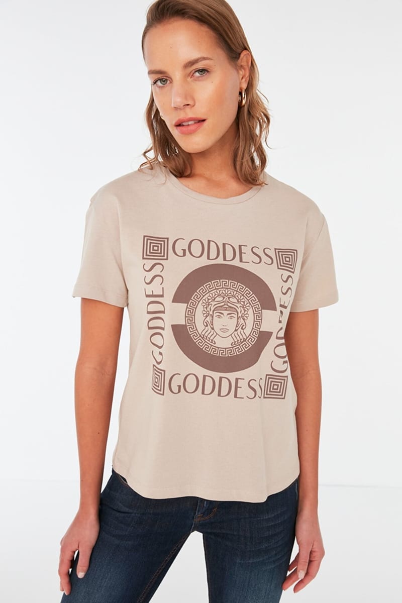 Beige Front Print Crew Neck Graphic Women's T-Shirt - Casual T-Shirt 20