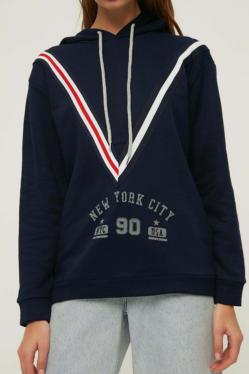 Stripe Detail Printed Hooded Knitted Sweatshirt Stripe Detail Printed Hooded Knitted Sweatshirt - Hoodies 42