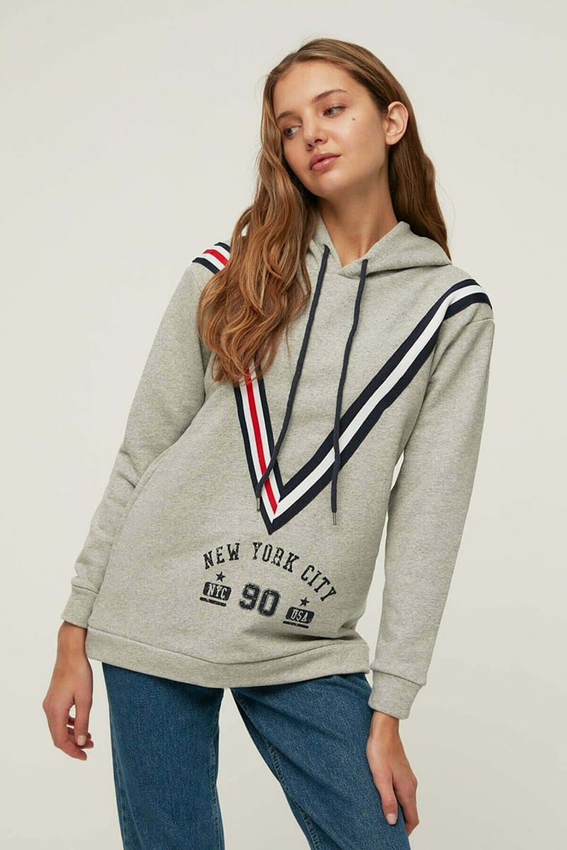 Stripe Detail Printed Hooded Knitted Sweatshirt - Hoodies 20