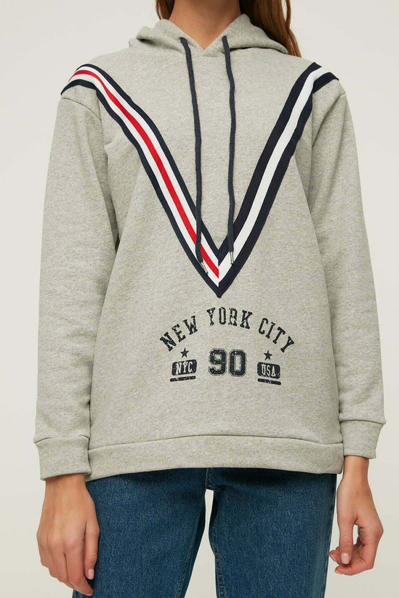 Stripe Detail Printed Hooded Knitted Sweatshirt - Hoodies 22