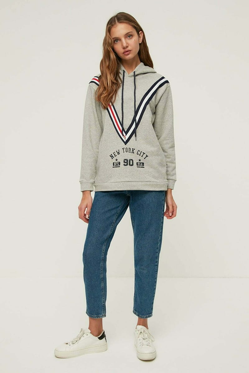 Stripe Detail Printed Hooded Knitted Sweatshirt - Hoodies 23