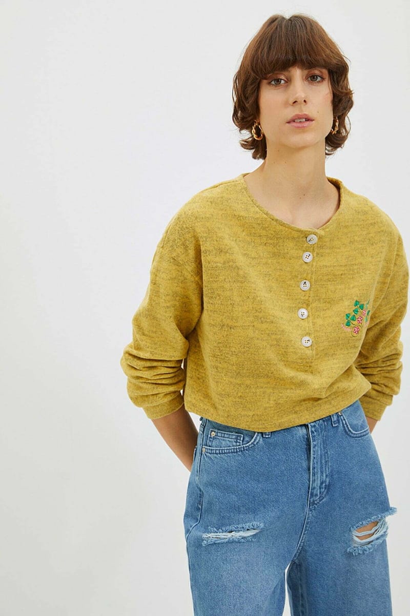 Yellow Chest Embroidered Knitted Women's Sweatshirt - Sweatshirts 22
