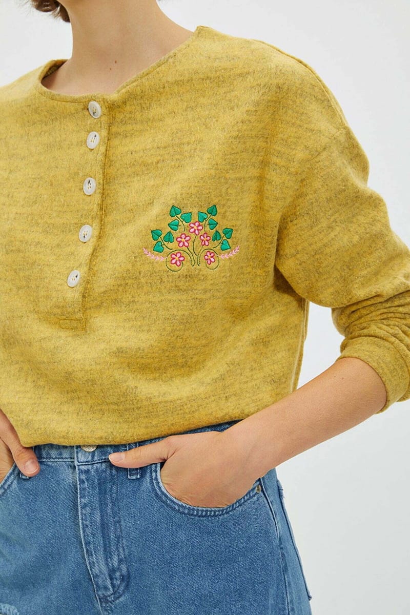 Yellow Chest Embroidered Knitted Women's Sweatshirt - Sweatshirts 23