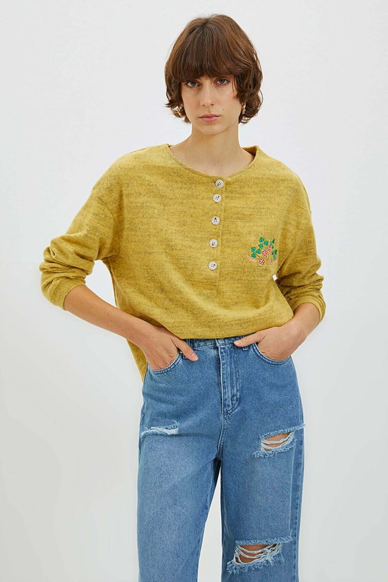 Yellow Chest Embroidered Knitted Women's Sweatshirt - Sweatshirts 20