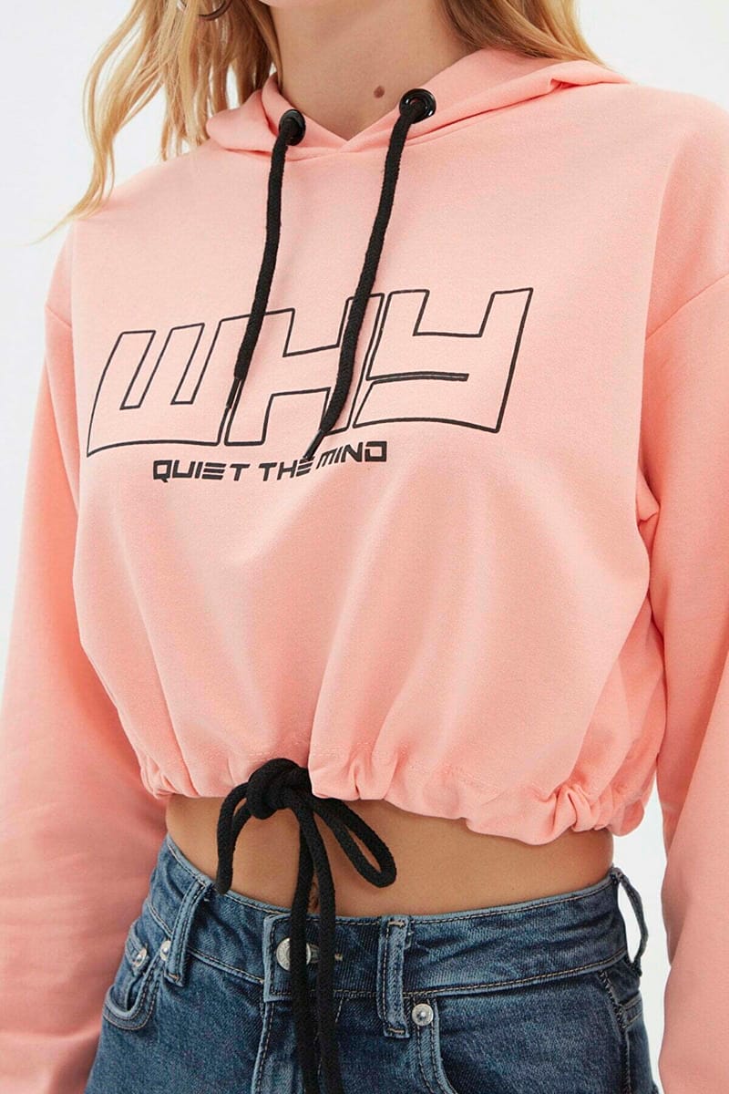 Pink Graphic Knitted Cropped Women's Hoodie - Hoodies 18