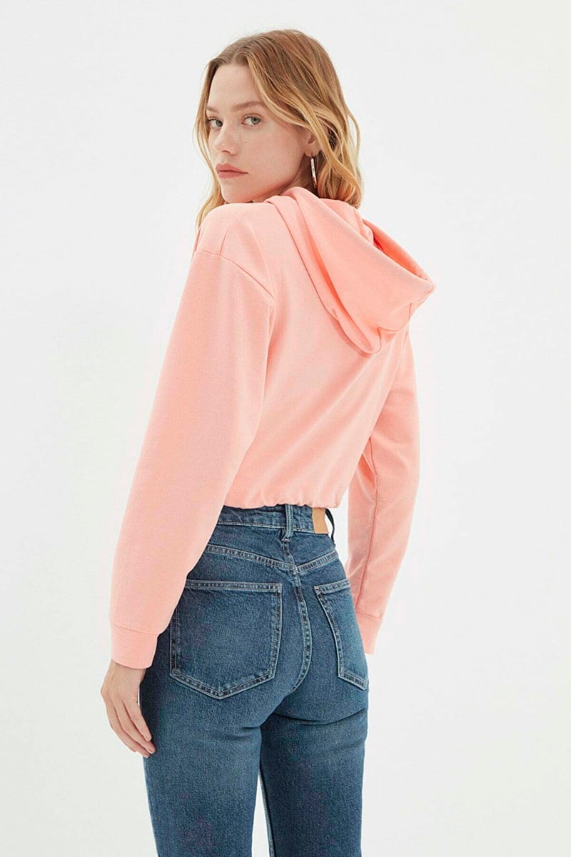 Pink Graphic Knitted Cropped Women's Hoodie - Hoodies 19