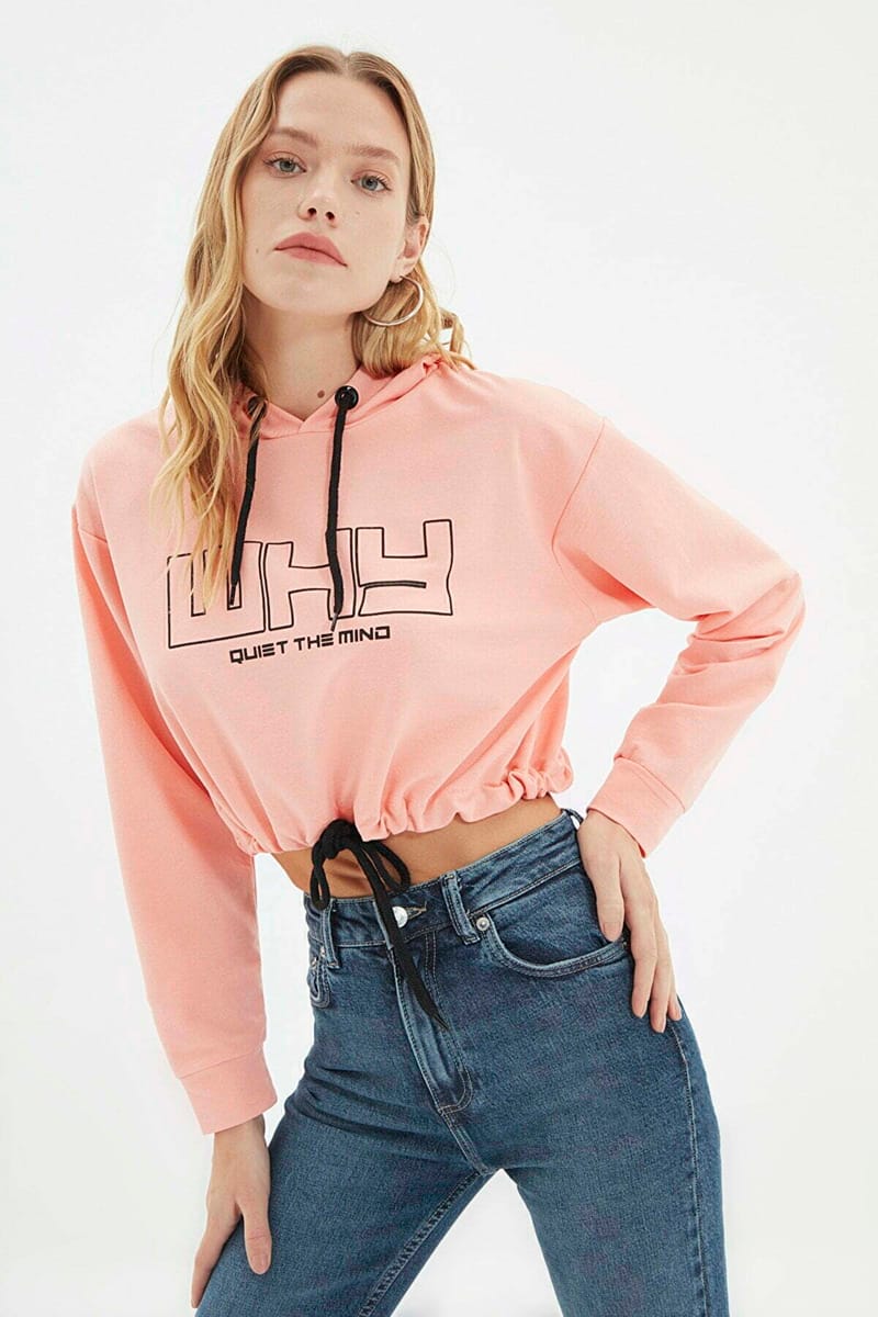 Pink Graphic Knitted Cropped Women's Hoodie - Hoodies 15