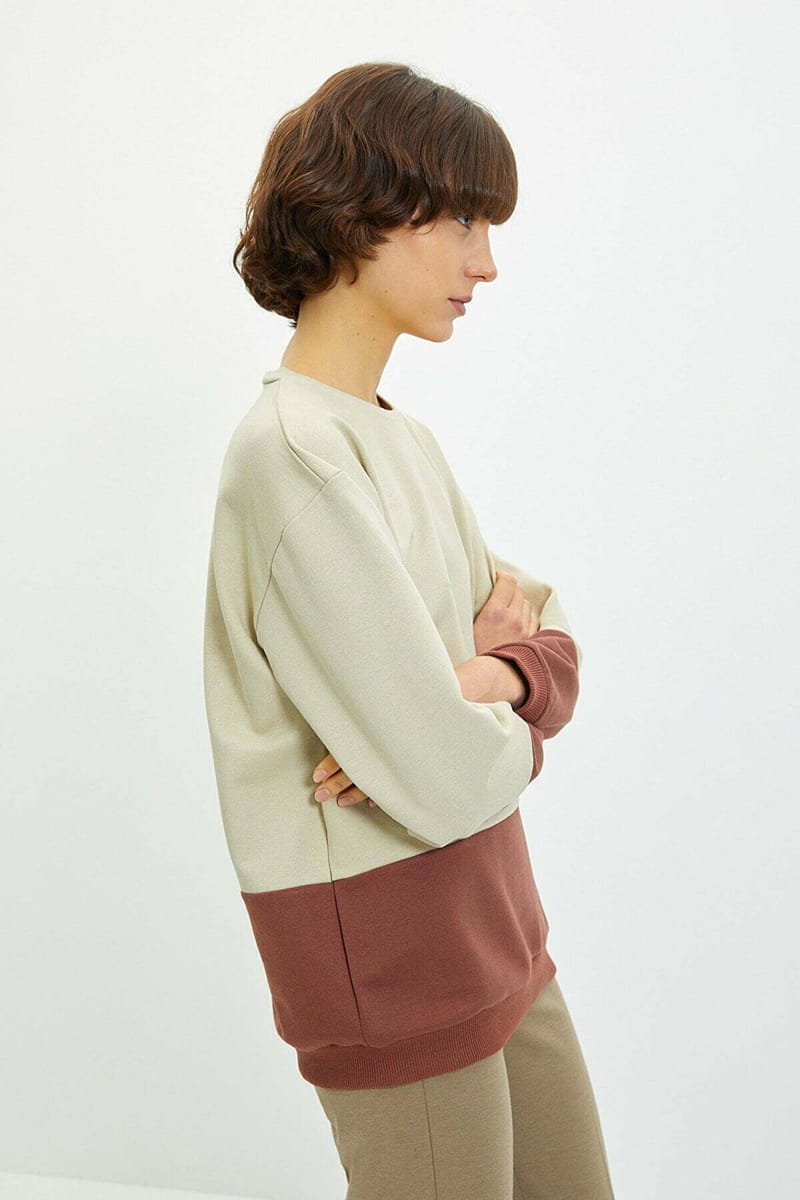 Two Tone Beige And Brown Crew Neck Women's Sweatshirt - Sweatshirts 22