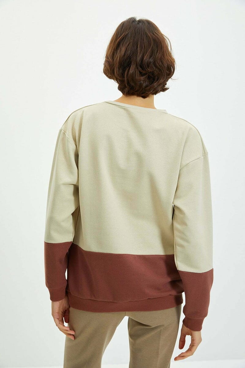 Two Tone Beige And Brown Crew Neck Women's Sweatshirt - Sweatshirts 24