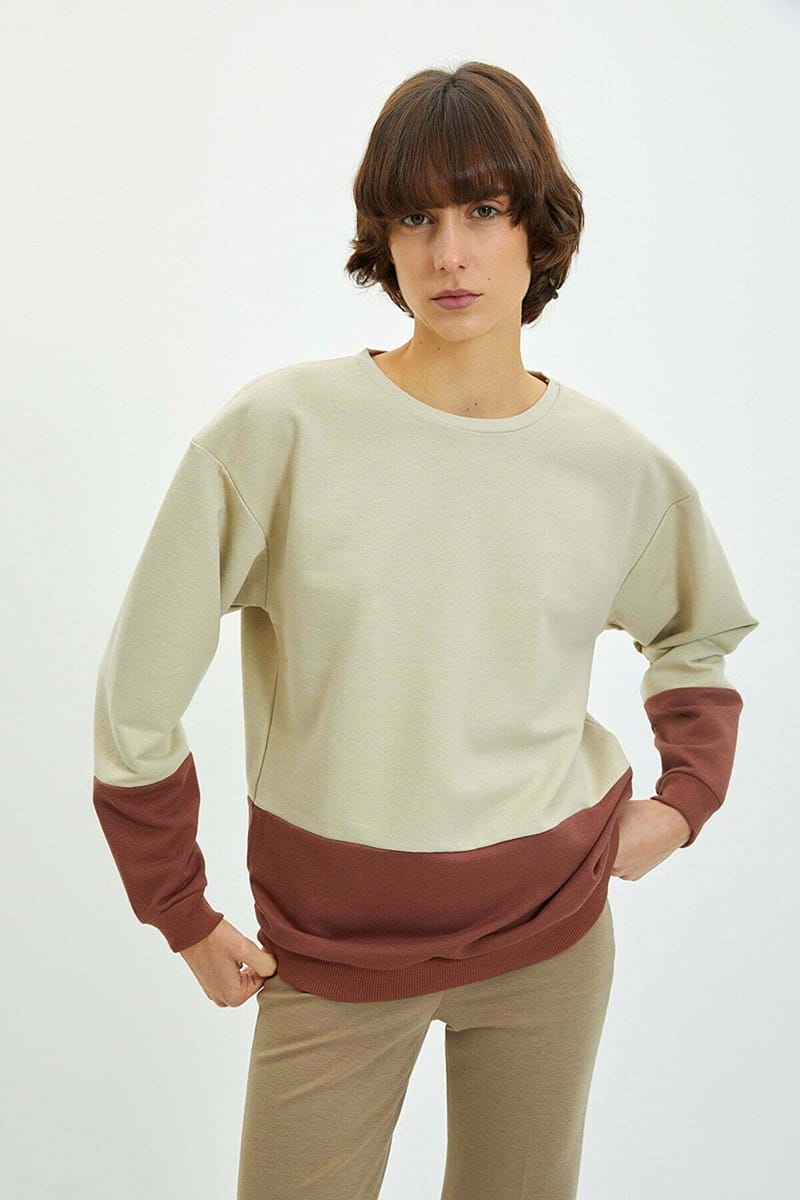 Two Tone Beige And Brown Crew Neck Women's Sweatshirt - Sweatshirts 20