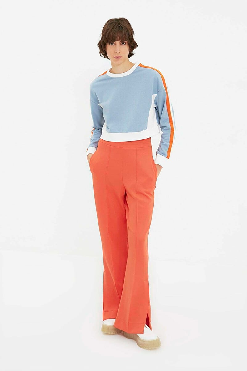 Blue Neck Knitted Cropped Women's Sweatshirt - Sweatshirts 23