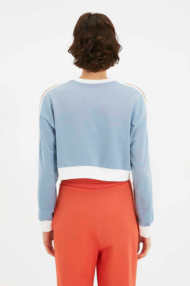 Blue Neck Knitted Cropped Women's Sweatshirt - Sweatshirts 24