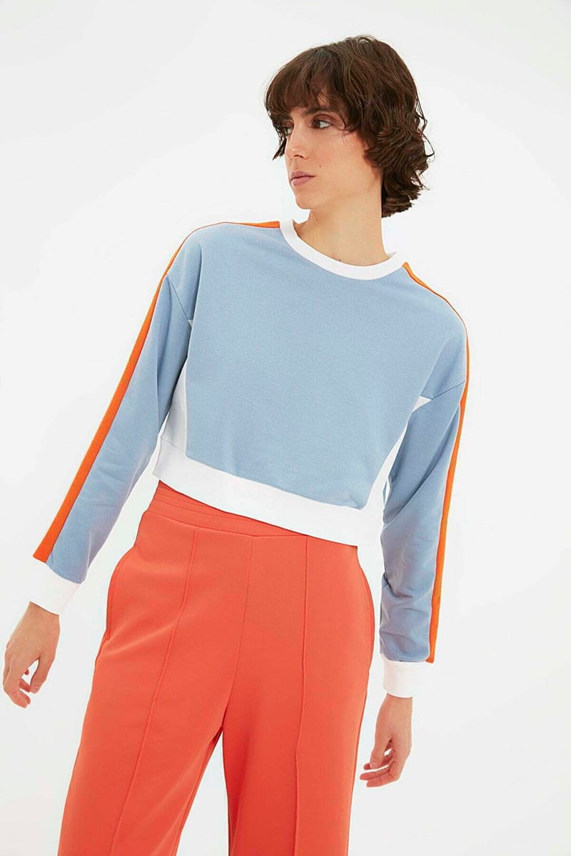 Blue Neck Knitted Cropped Women's Sweatshirt - Sweatshirts 20