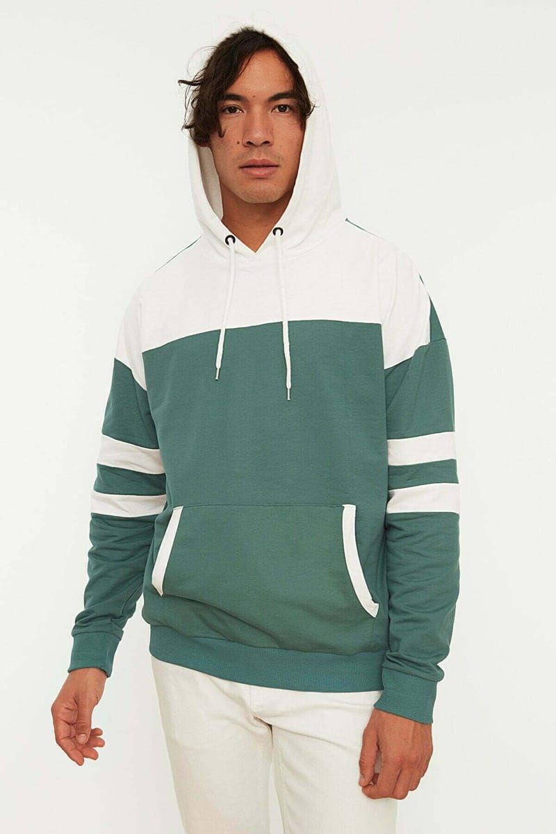 Green Color Block Front Pocket Men's Hoodie - Hoodies 22