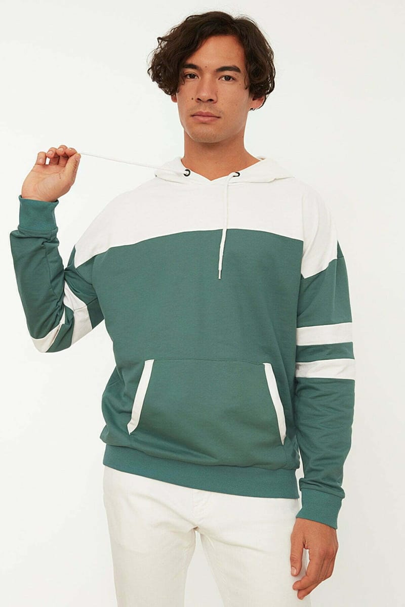 Green Color Block Front Pocket Men's Hoodie - Hoodies 20