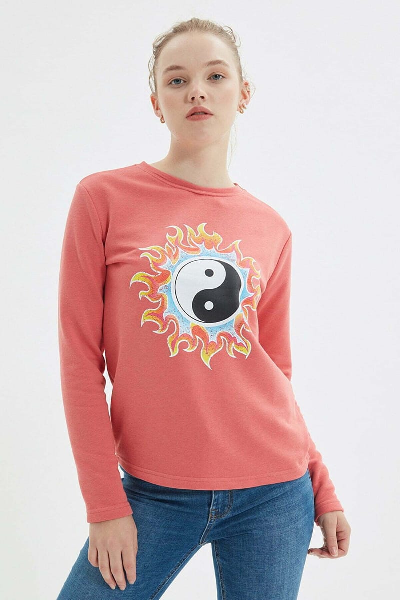 Pink Front Crew Neck Graphic Print Women's Sweatshirt - Sweatshirts 21