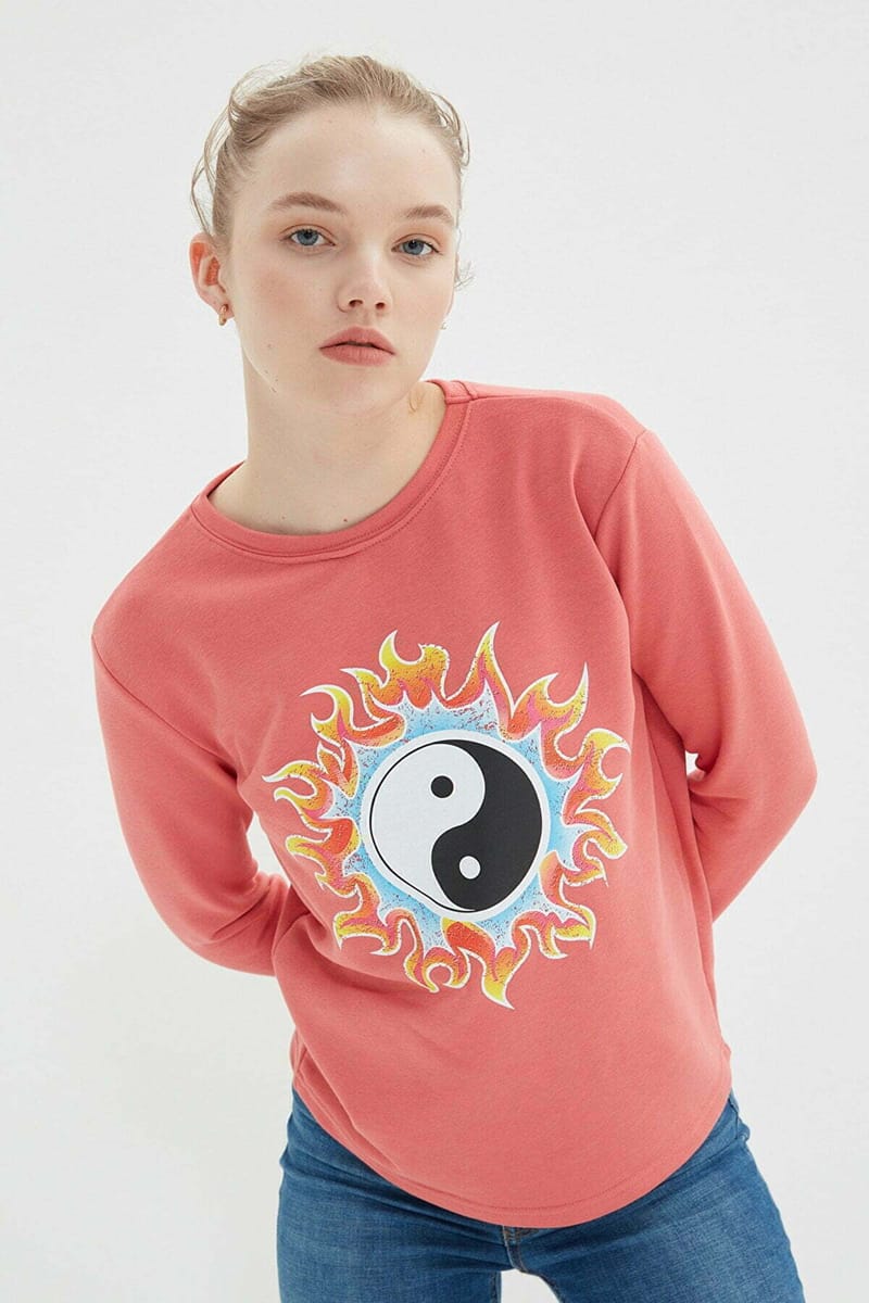 Pink Front Crew Neck Graphic Print Women's Sweatshirt - Sweatshirts 23