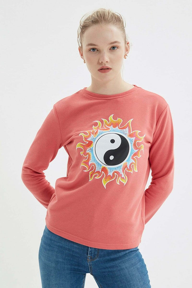 Pink Front Crew Neck Graphic Print Women's Sweatshirt - Sweatshirts 20