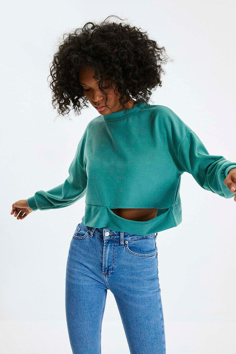 Crop Cut Detail Fabric Knitted Sweatshirt - Sweatshirts 45