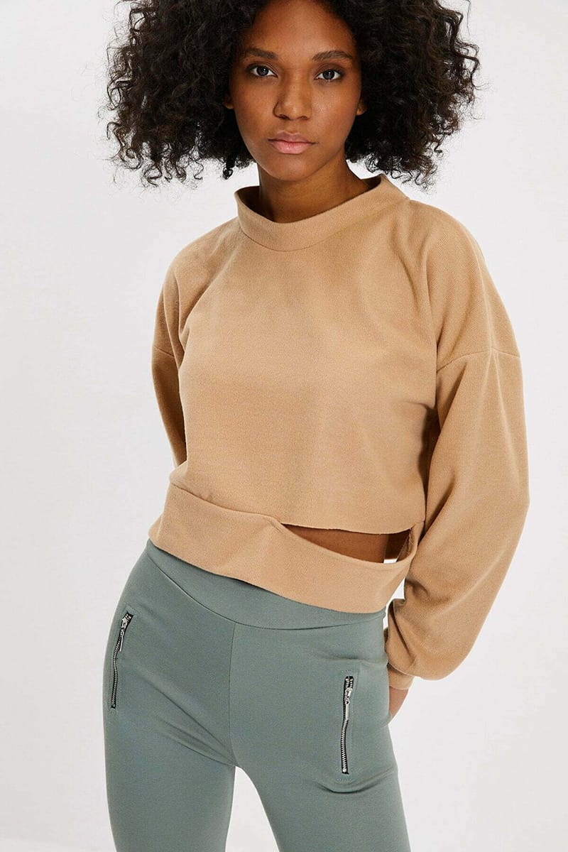 Crop Cut Detail Fabric Knitted Sweatshirt - Sweatshirts 26