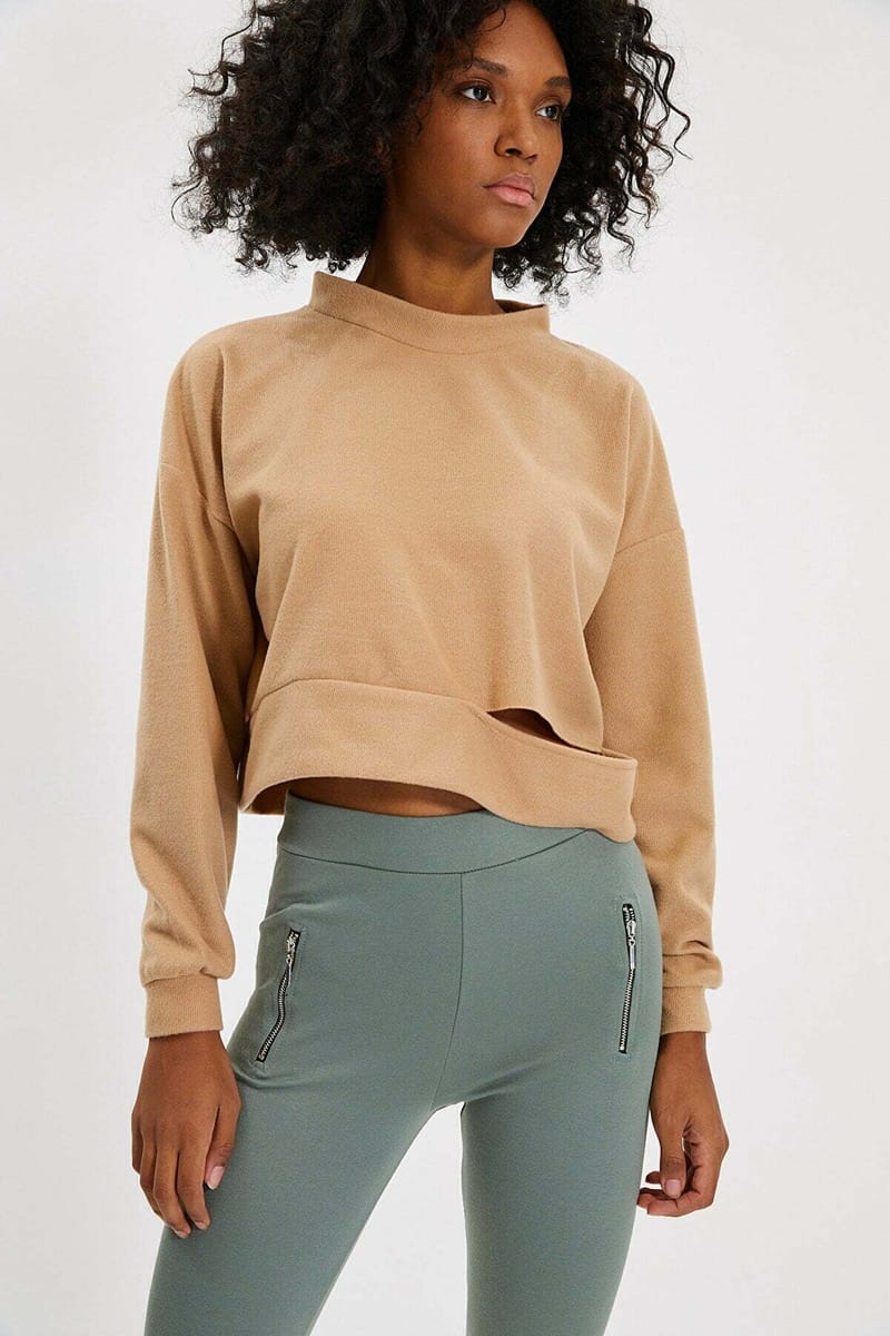 Crop Cut Detail Fabric Knitted Sweatshirt - Sweatshirts 27