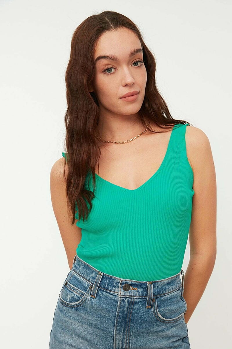 Green V Neck Ribbed Knitted Women's Top Green V Neck Ribbed Knitted Women's Top - Sleeveless Tops 17