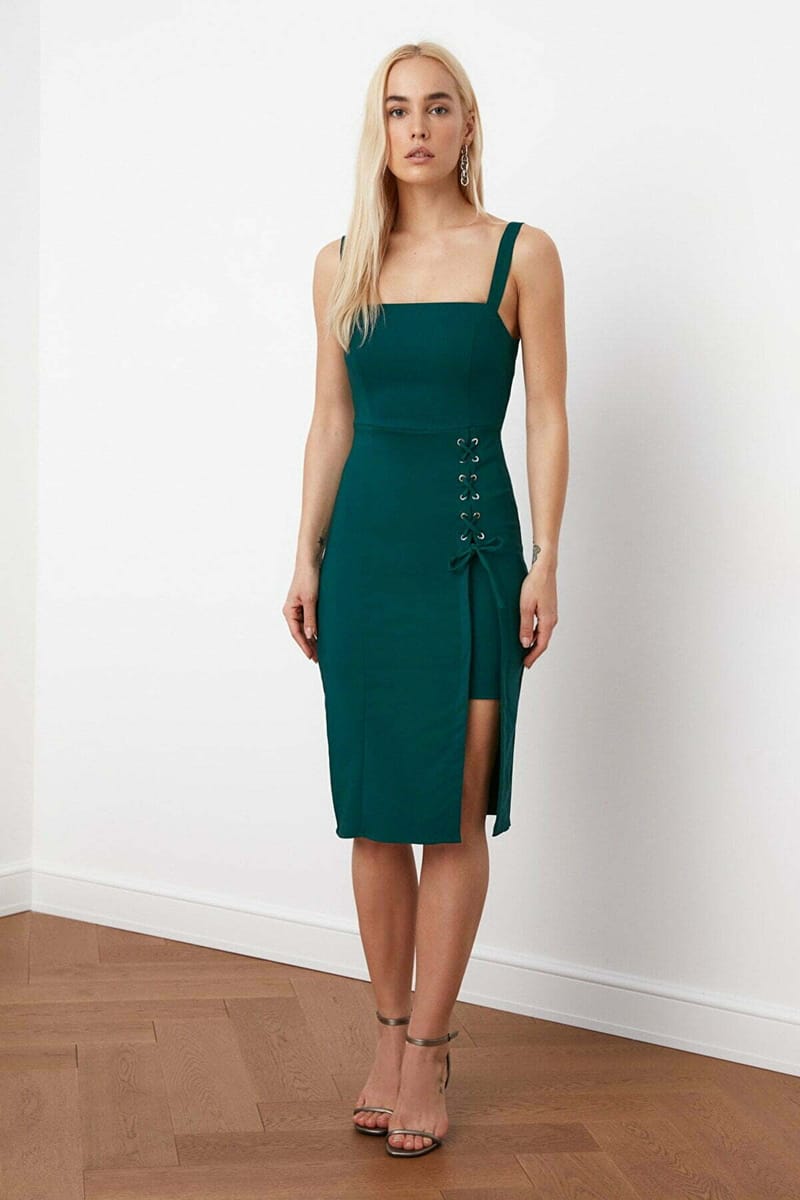 Square Neck Hip High Slit Lace Up Detail Women's Dress Square Neck Hip High Slit Lace Up Detail Women's Dress - Midi Dresses 70