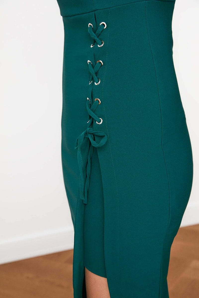 Square Neck Hip High Slit Lace Up Detail Women's Dress Square Neck Hip High Slit Lace Up Detail Women's Dress - Midi Dresses 73