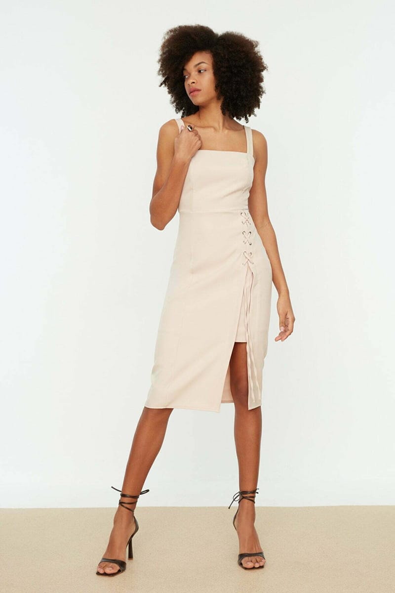 Square Neck Hip High Slit Lace Up Detail Women's Dress Square Neck Hip High Slit Lace Up Detail Women's Dress - Midi Dresses 30