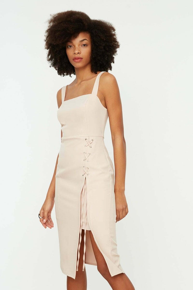 Square Neck Hip High Slit Lace Up Detail Women's Dress Square Neck Hip High Slit Lace Up Detail Women's Dress - Midi Dresses 31