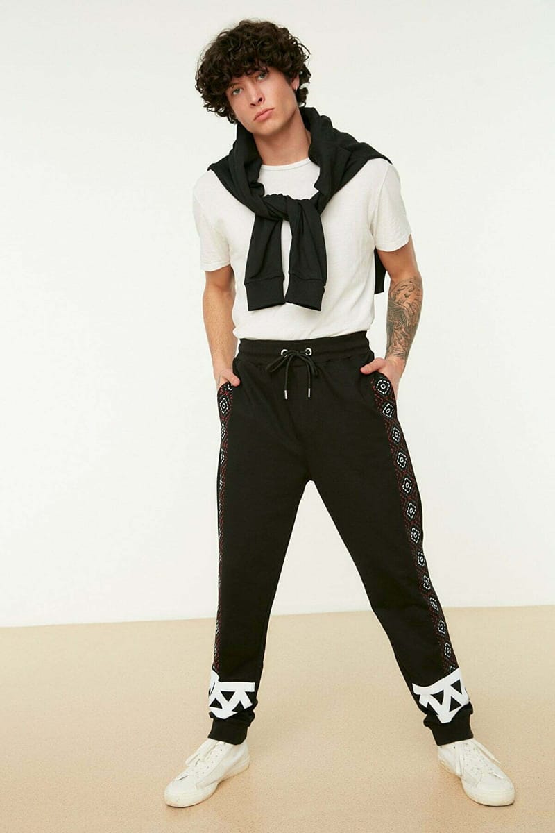 Black Cuffed Printed Men's Sweatpants - Sweatpants 21