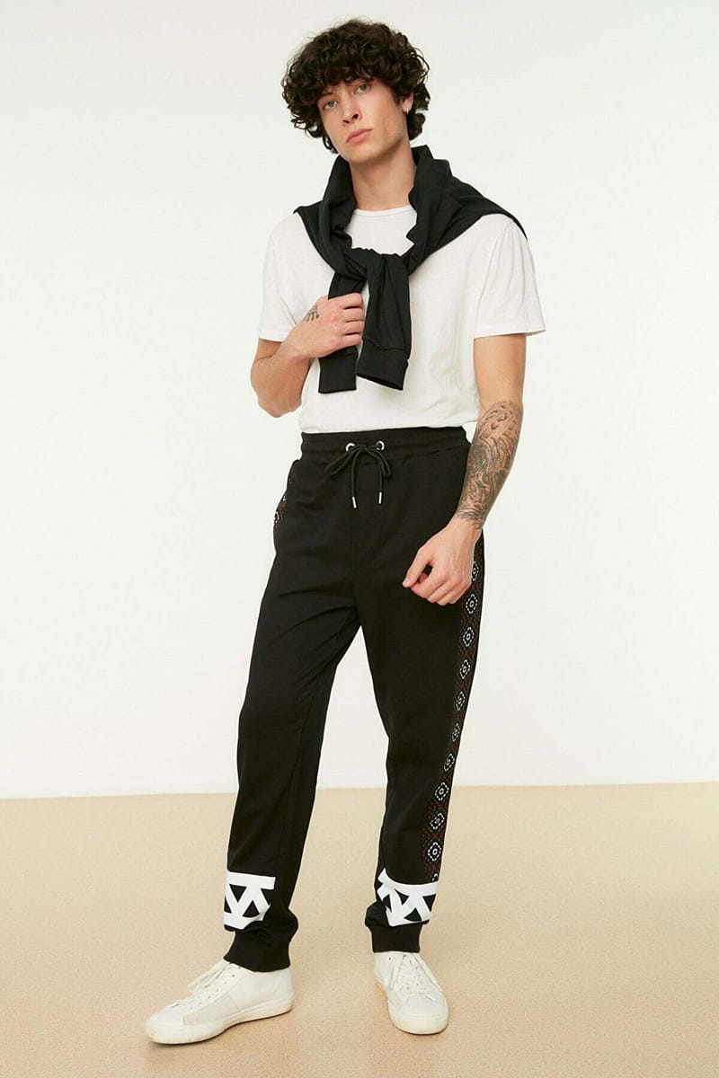 Black Cuffed Printed Men's Sweatpants - Sweatpants 23