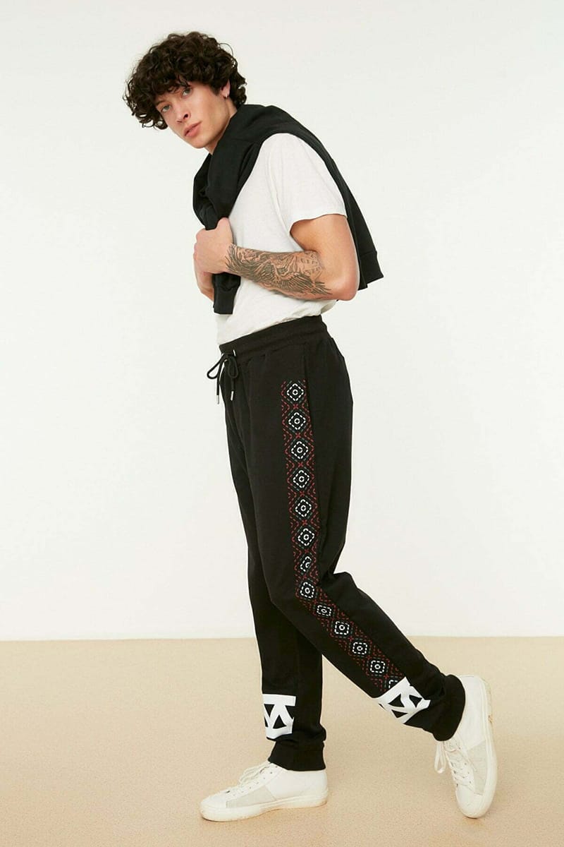 Black Cuffed Printed Men's Sweatpants - Sweatpants 20