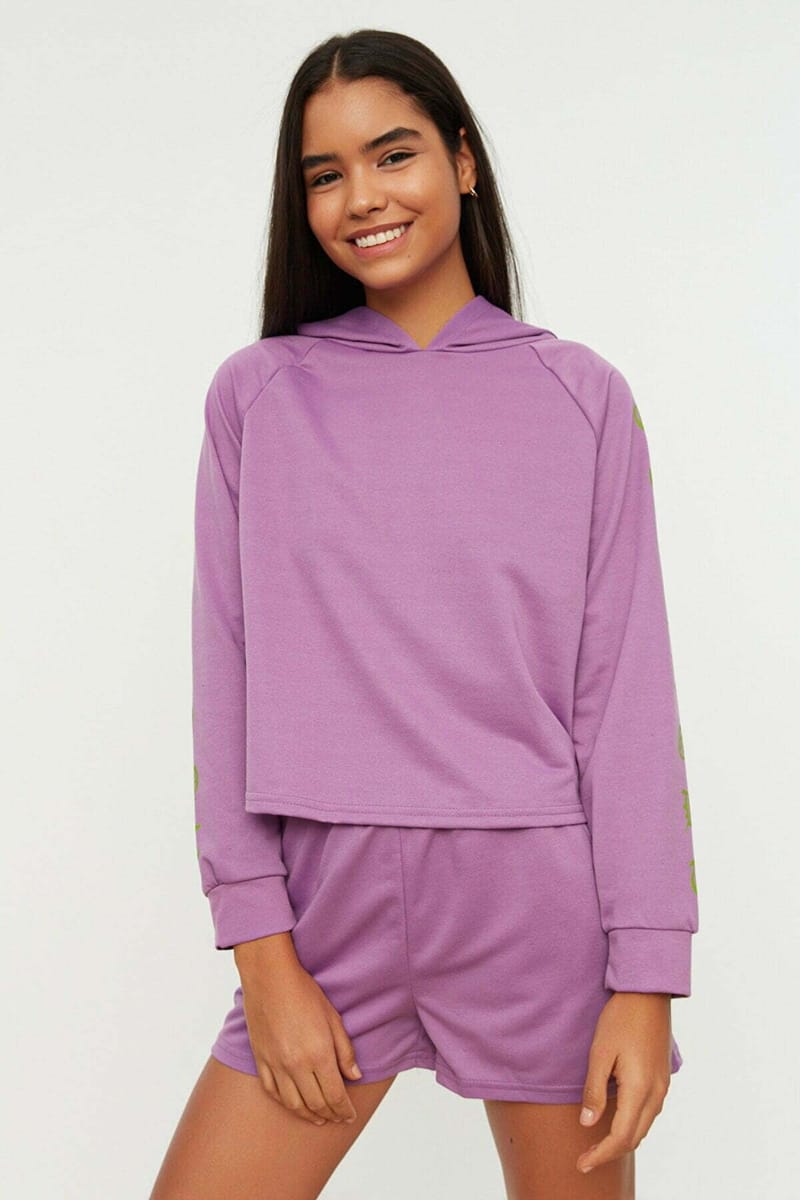 Purple Sleeve Print Knitted Pyjama Hoodie And Shorts Women's Set Purple Sleeve Print Knitted Hoodie And Shorts Women's Set - Co-ord Sets 25