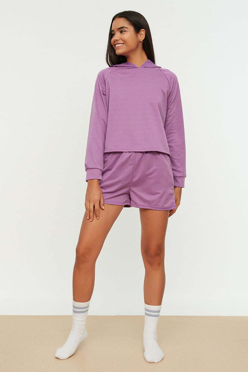 Purple Sleeve Print Knitted Pyjama Hoodie And Shorts Women's Set Purple Sleeve Print Knitted Hoodie And Shorts Women's Set - Co-ord Sets 26