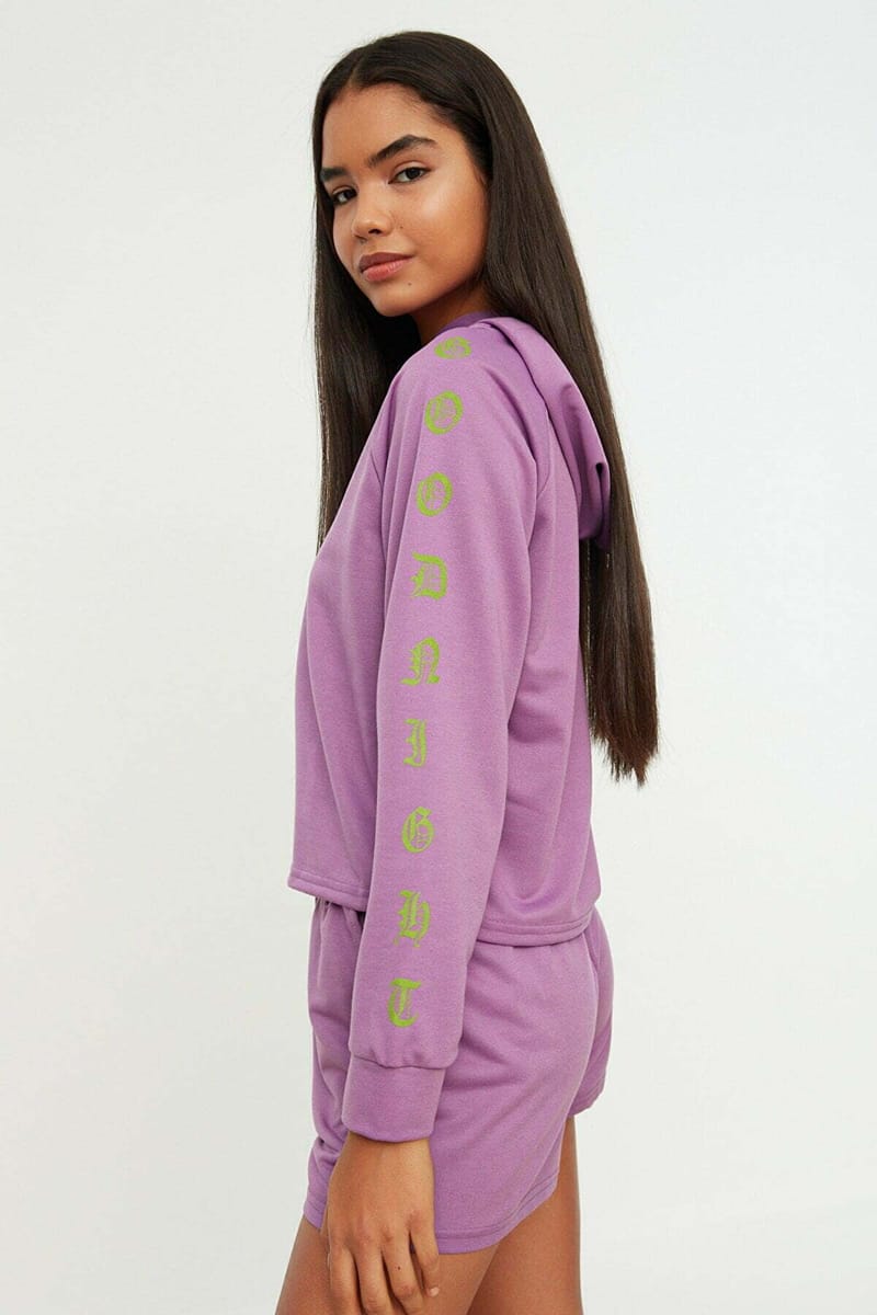 Purple Sleeve Print Knitted Pyjama Hoodie And Shorts Women's Set Purple Sleeve Print Knitted Hoodie And Shorts Women's Set - Co-ord Sets 24
