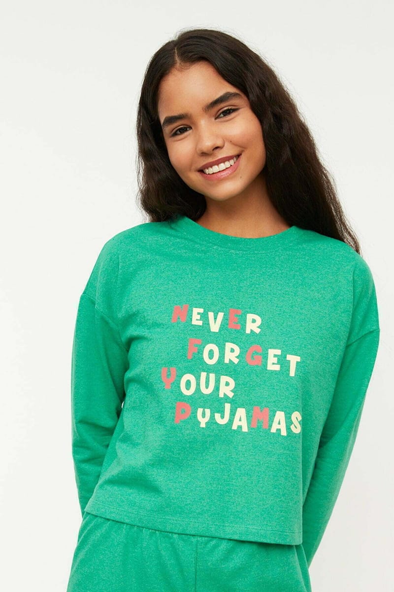 Green Front Print Knitted Pyjama And Shorts Women's Set - Co-ord Sets 22