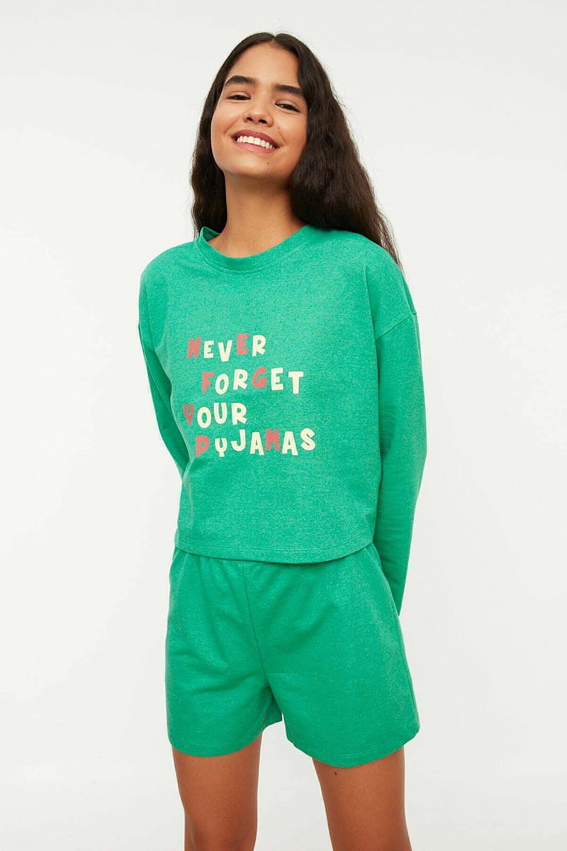 Green Front Print Knitted Pyjama And Shorts Women's Set - Co-ord Sets 20